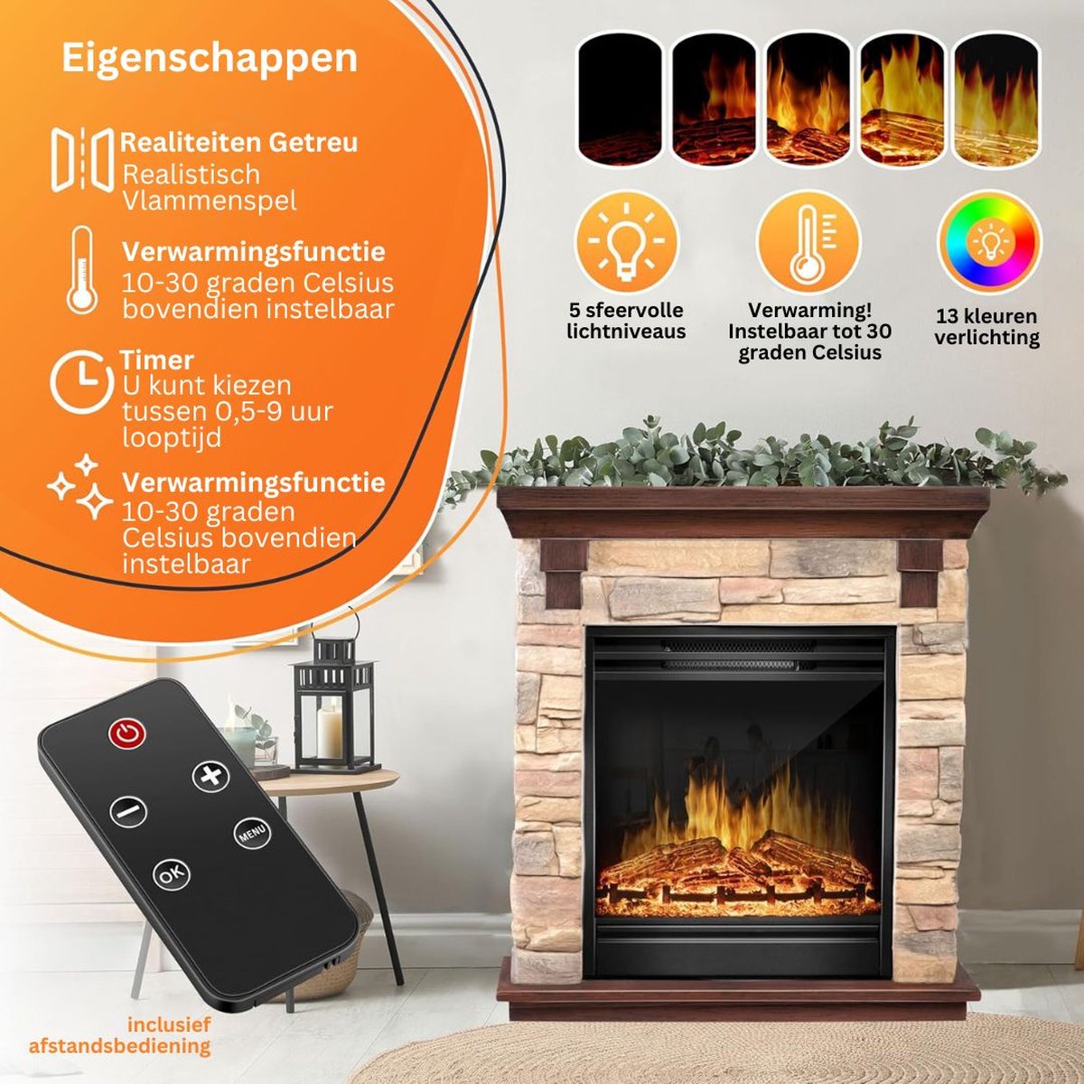 MKSS® Elektrische Tafelhaard 65x30x75cm Steen Look