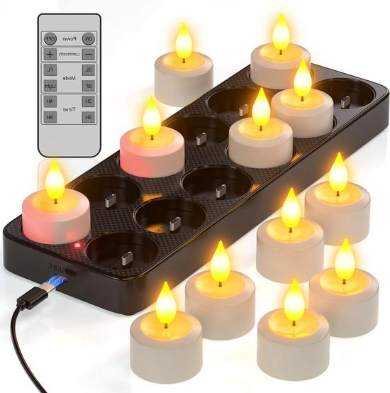 Oplaadbare LED theelichtjes set 12 met laadstation en afstandsbediening