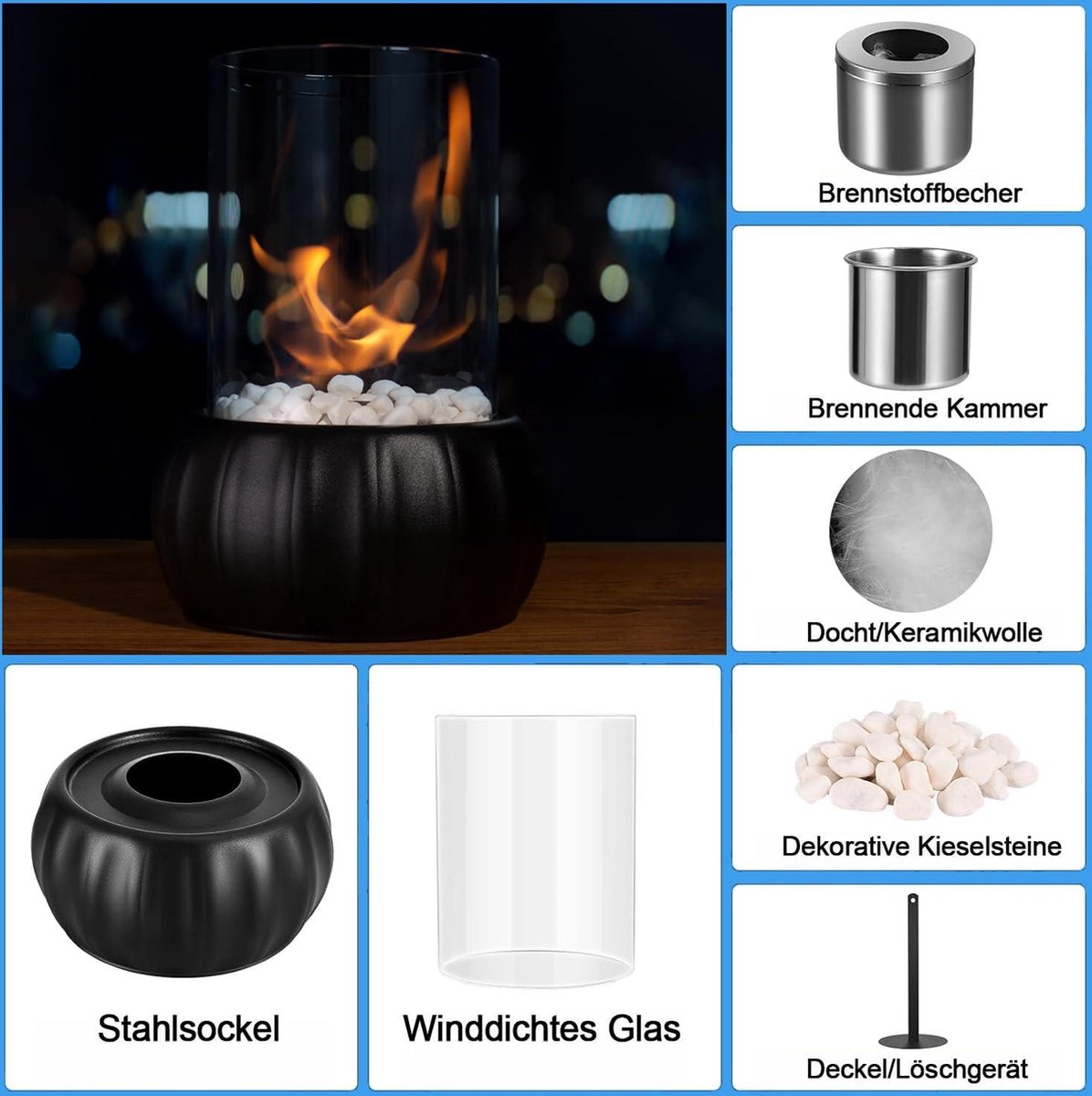 Tafelhaard bio-ethanol natuursteen met veiligheidsglas