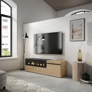 Tv-kast met elektrische sfeerhaard in eiken zwart, 150 x 45 x 35 cm
