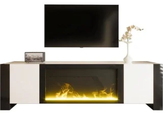 Tv-kast met haard, 165 cm breed, wit en zwart