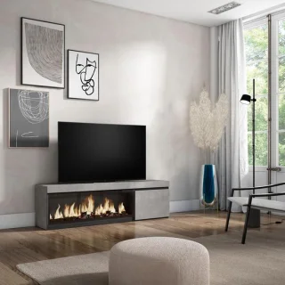 TV-meubel met elektrische ledhaard – 160 cm in cementlook en zwart