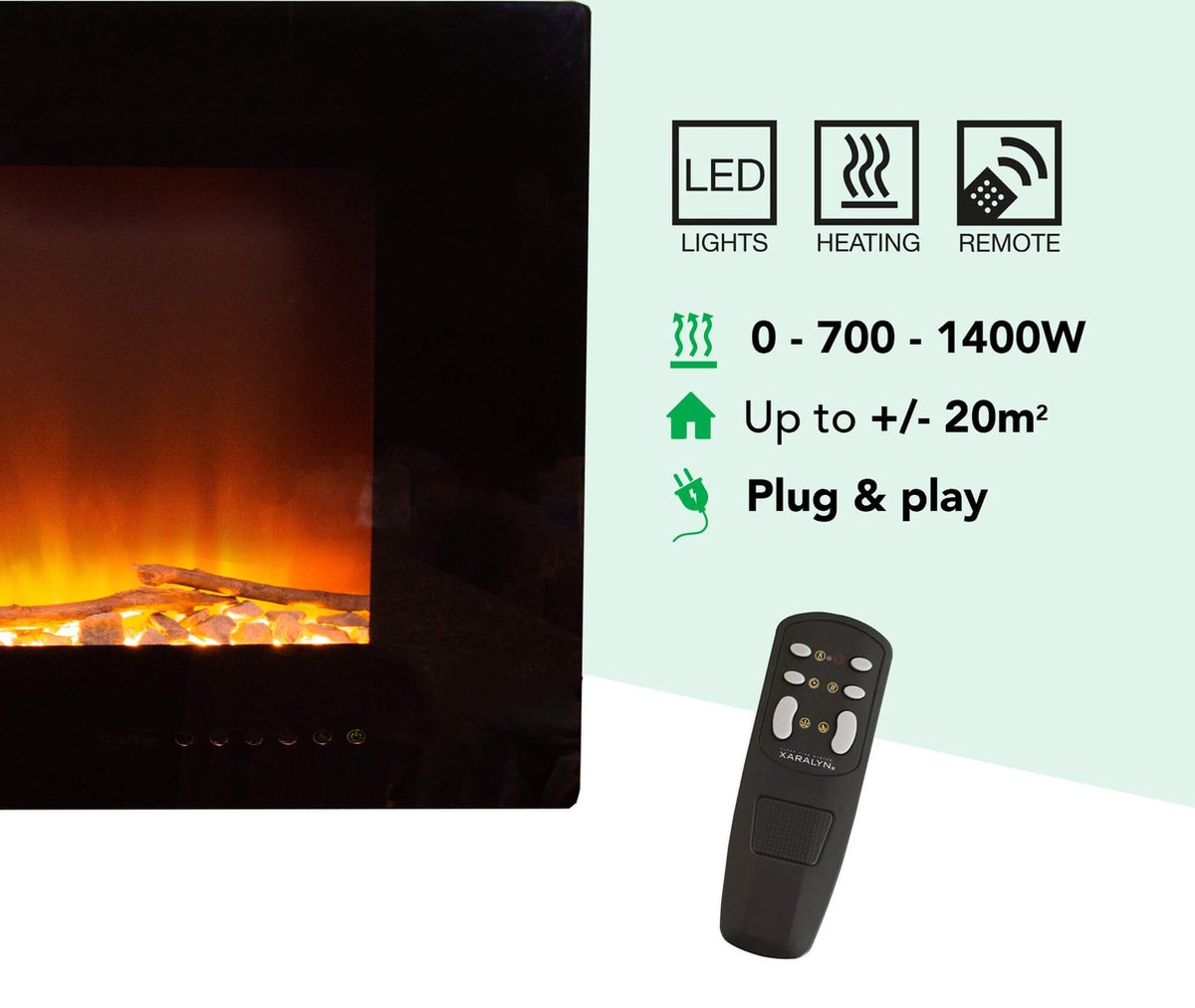 Xaralyn Trivero 130 elektrische wandhaard zwart glas 127 cm