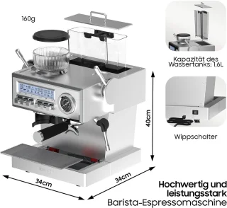 Espressomachine – Koffiemachine – Pistonmachine – Volautomaat – Baristamachine – 20-Bar Pomp – Roestvrijstalen Behuizing