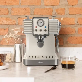 Livoo Espressomachine – 15 Bar – 1350W – 1,5L – RVS – Crème Retro Design
