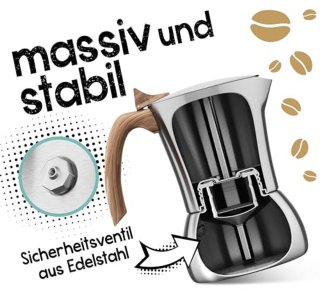 Wat vinden we goed aan de Premium espressomachine voor 4 kopjes, 200 ml, roestvrij staal, mokkakan, espressokan geschikt voor alle warmtebronnen en vaatwasmachinebestendig