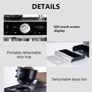 Bresco® Barista Espressomachine – Pistonmachine met Koffiemolen – RVS Koffiemachine melkopschuimer – Bonenmaler – Brushed Stainless Steel