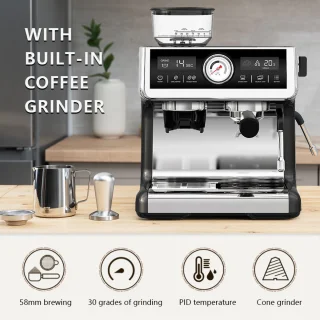 Bresco® Barista Espressomachine – Pistonmachine met Koffiemolen – RVS Koffiemachine melkopschuimer – Bonenmaler – Brushed Stainless Steel
