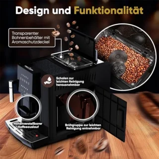 Volautomatische koffiemachine met melkopschuimer en conische koffiemolen | 1,8 liter waterreservoir | Voorverwarmfunctie | Touch display