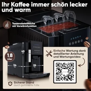 Volautomatische koffiemachine met melkopschuimer en conische koffiemolen | 1,8 liter waterreservoir | Voorverwarmfunctie | Touch display