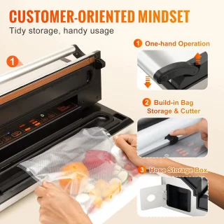 Multifunctionele automatische vacuümverpakker met zakrol en snijder – perfect voor thuisgebruik.