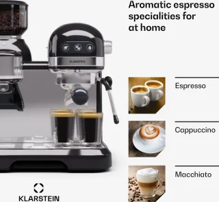 Klarstein Espresso Portafiltermachine met Melkopschuimer - 4 Liter - Retro Mini-Espressomachine - Filterhouder - 1550W - Koffiezetapparaat - Melktank - Cappuccino - Zwart