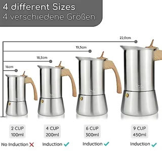Espressomachine voor inductie - 2, 4, 6, 9 kopjes, roestvrij staal, incl. onderzetter en lepel in houtlook