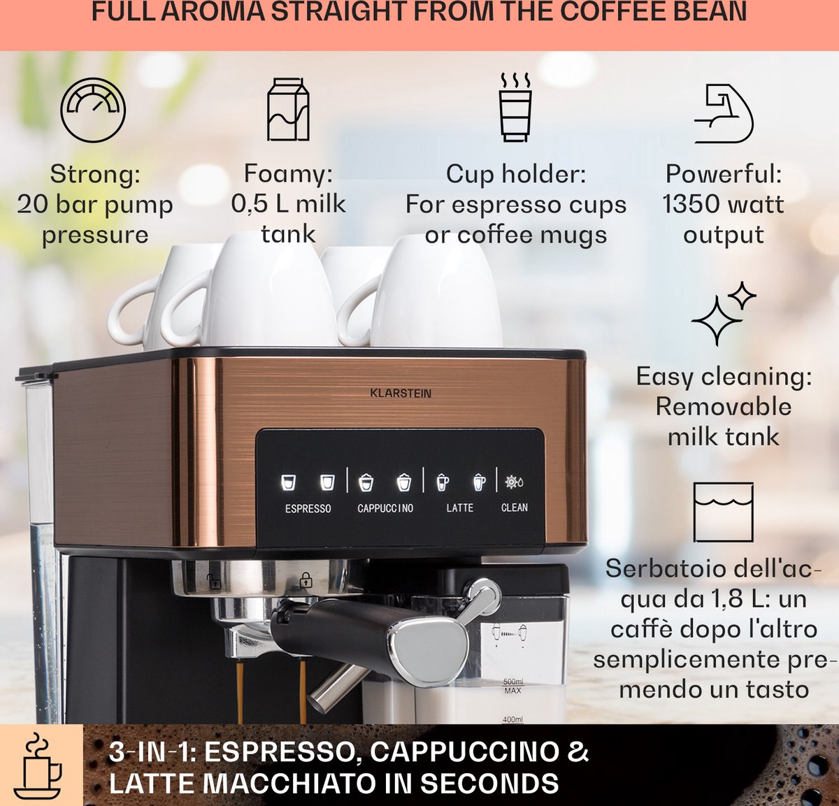 Wat vinden we goed aan de Arabica Comfort Espressomachine 1350W 20 Bar Koper