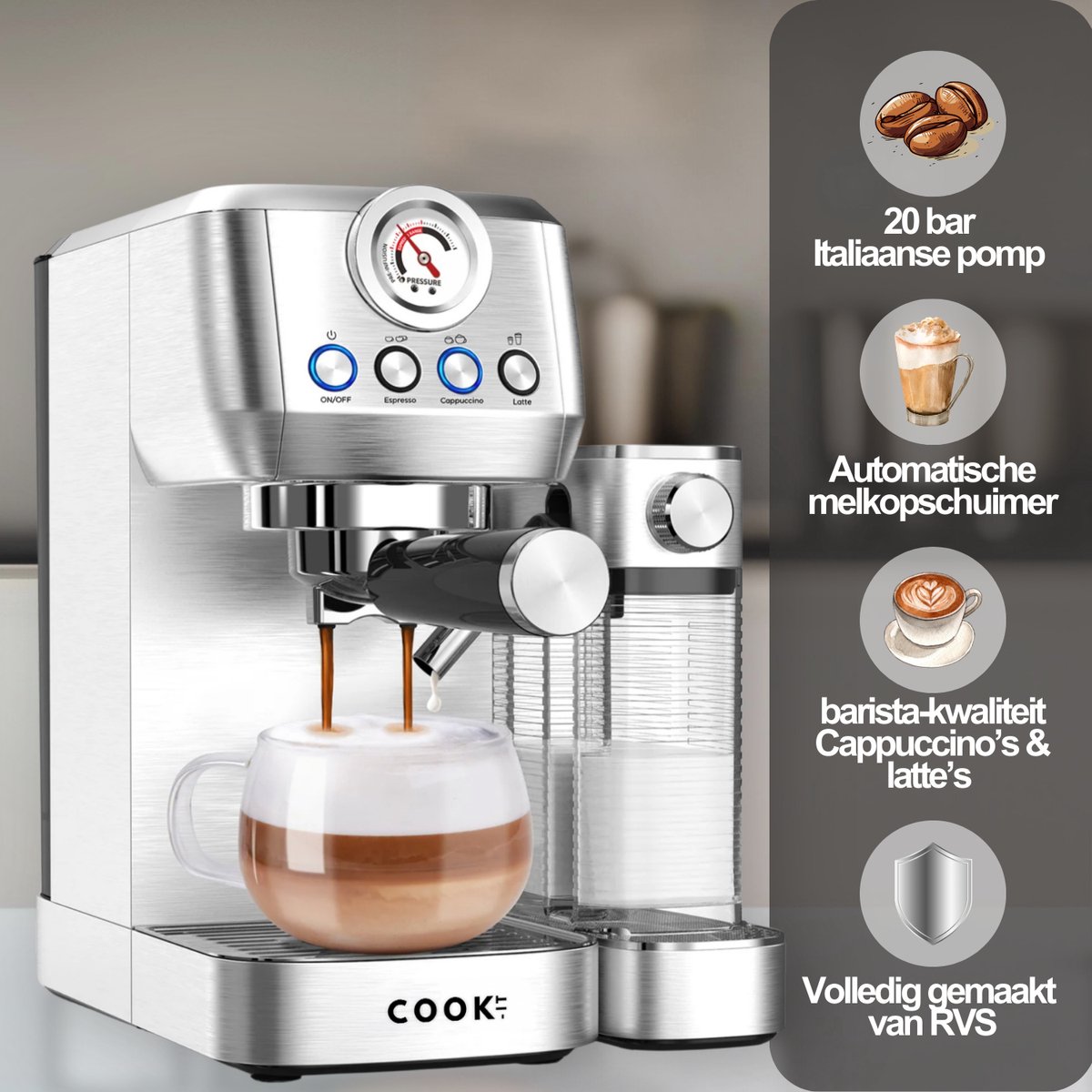 Wat vinden we goed aan de COOK-IT Espressomachine 20 Bar Pistonmachine RVS