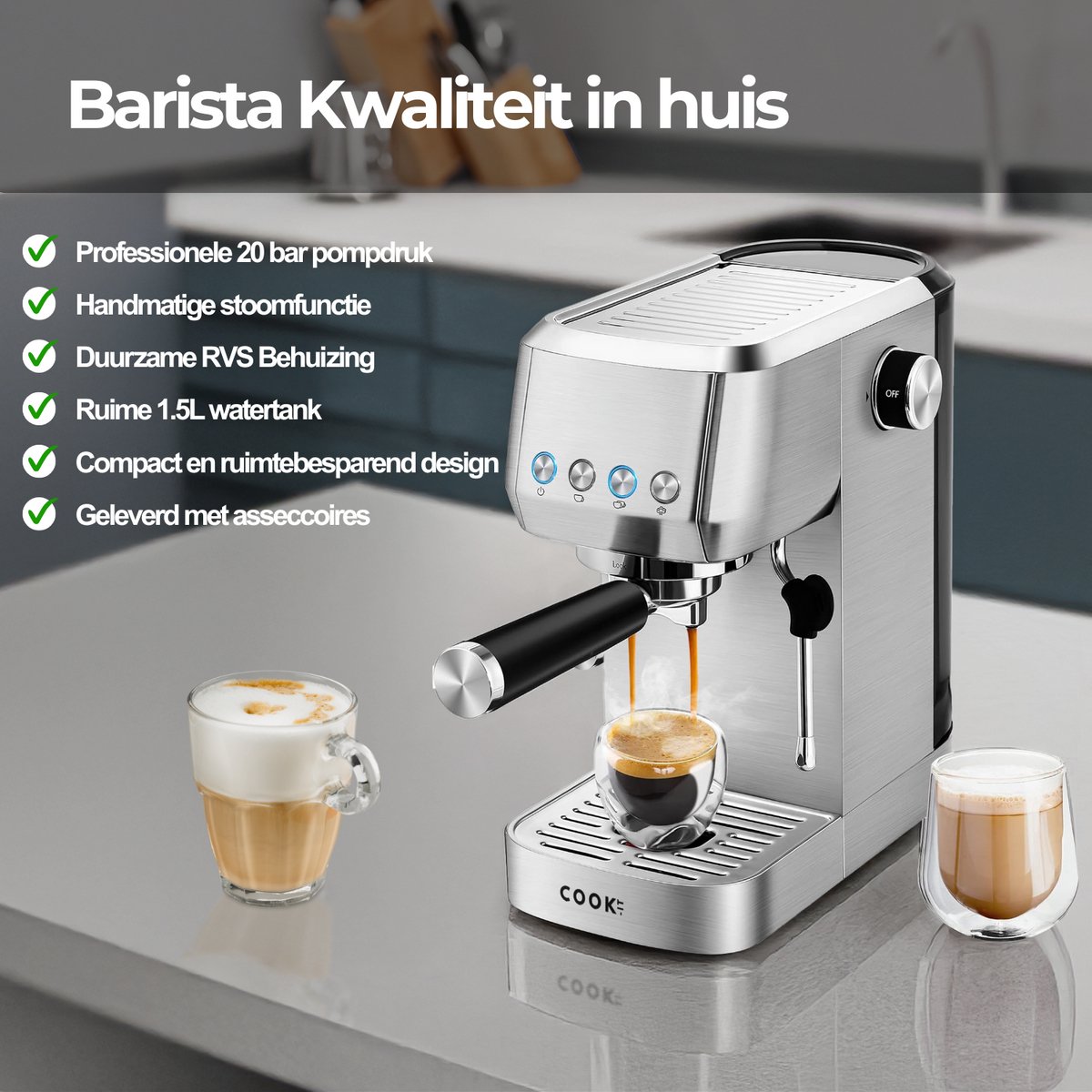 Wat vinden we goed aan de COOK-IT Espressomachine Piston RVS 1,3L