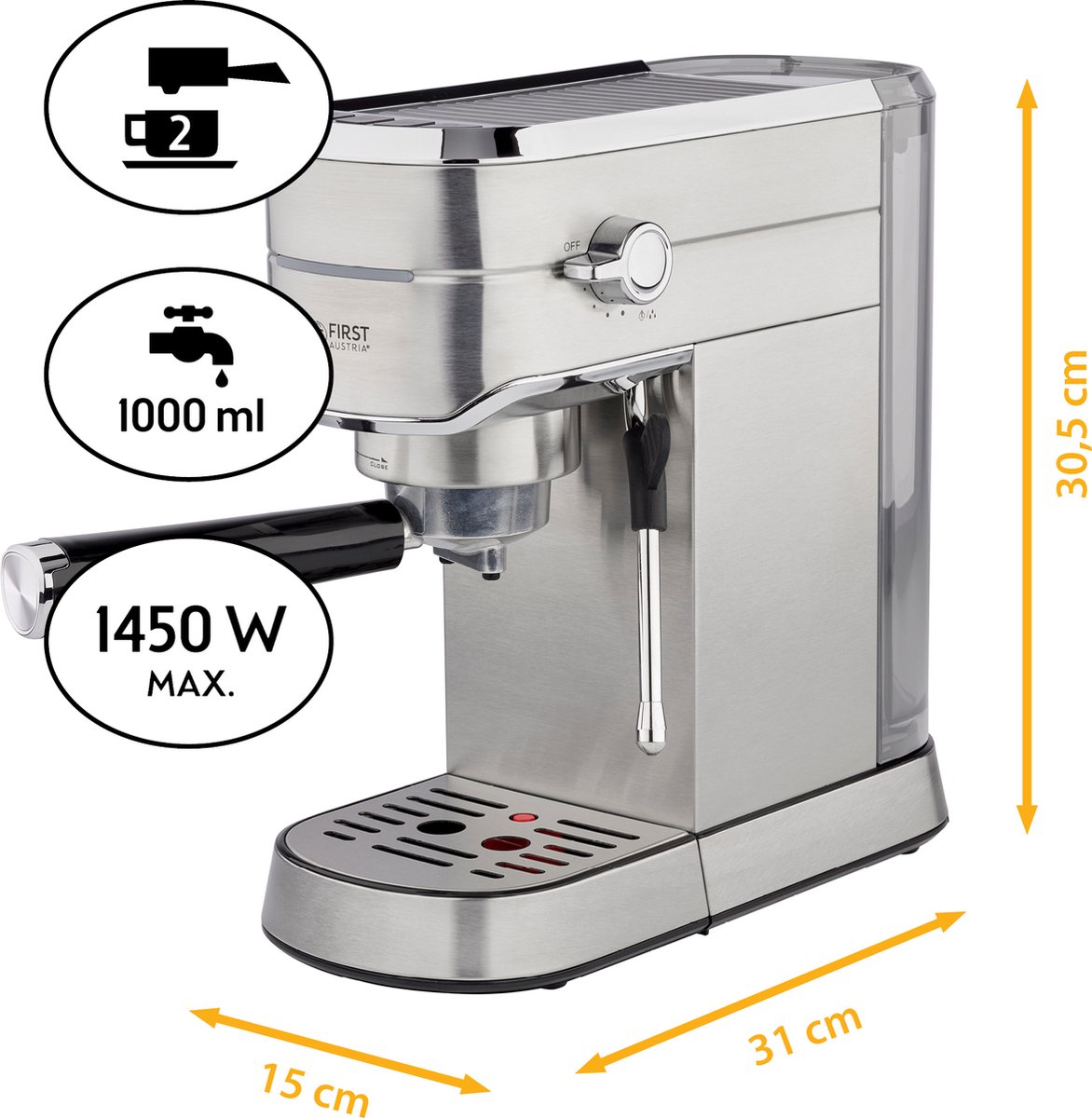 Wat vinden we goed aan de First Austria TZS Piston Espressomachine 15Bar RVS
