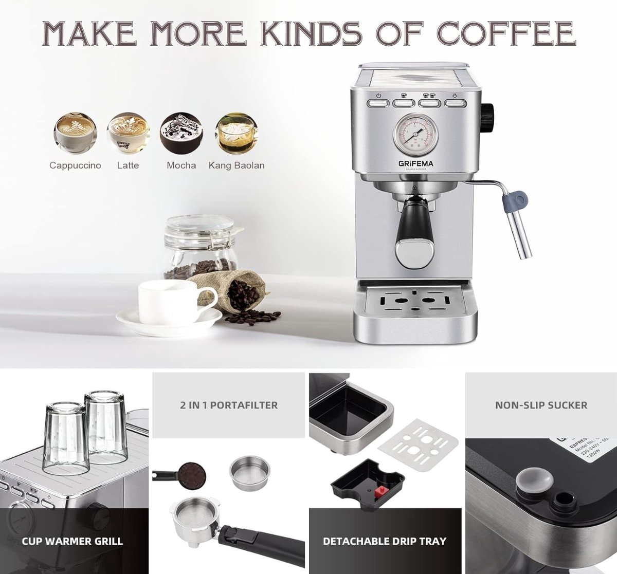 Wat vinden we goed aan de GRIFEMA GC3003 Espresso maker en koffiemachine