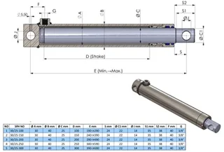 Hydraulische Cilinder Enkelwerkend Plunjer 30/25-150