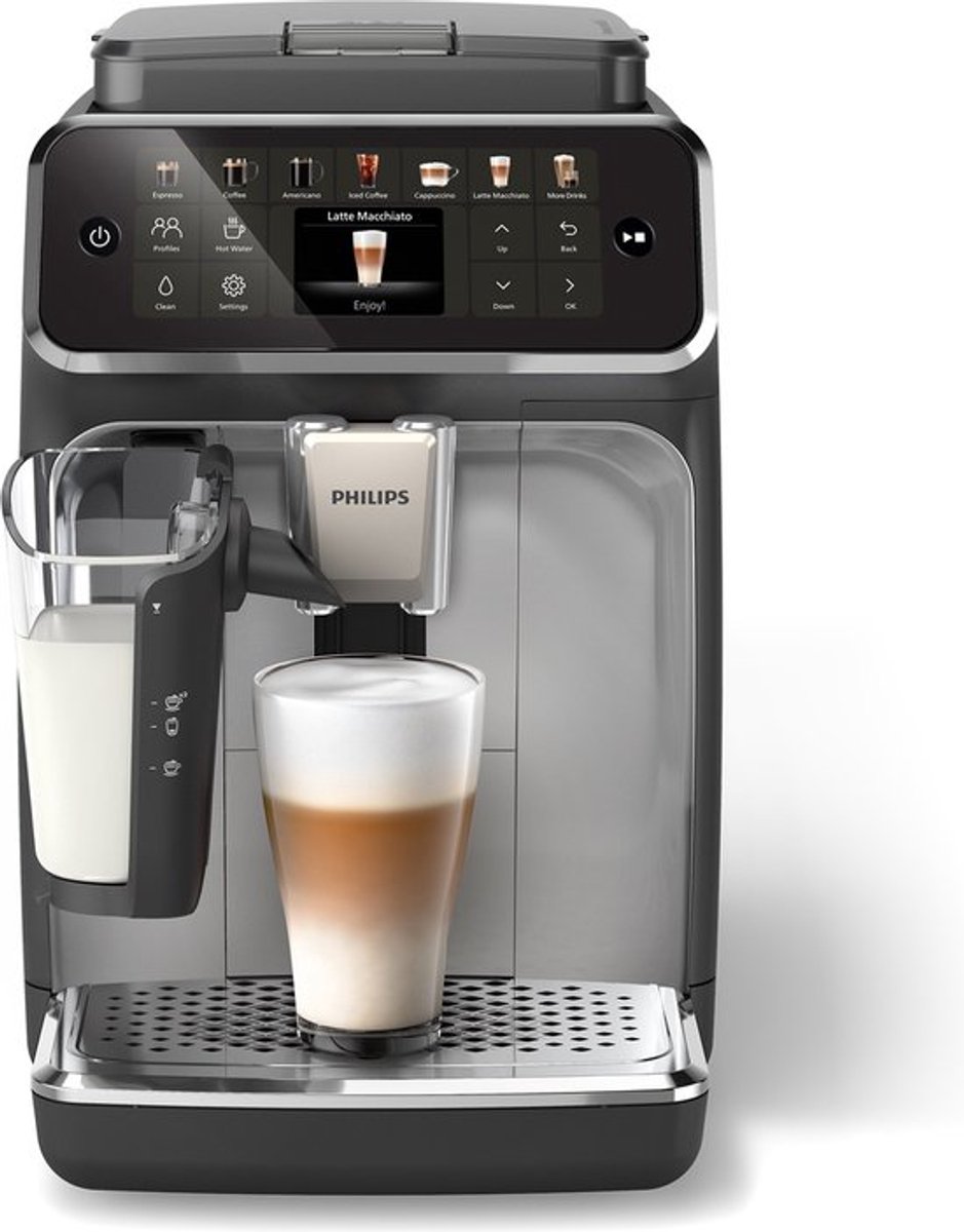 De Philips 4400 Series EP4446/70 Volautomatisch Espressoapparaat Zwart/Zilver in één oogopslag