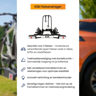 R2B Fietsendrager Auto - 2 (Elektrische) Fietsen - Inklapbaar én Kantelbaar - 60 KG Draagvermogen - 13 Polig - Fietsendrager electrische fietsen 2 - Fietsdrager voor op trekhaak - Bike Rack Car - Fietsenrek Auto