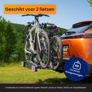 R2B Fietsendrager Auto - 2 (Elektrische) Fietsen - Inklapbaar én Kantelbaar - 60 KG Draagvermogen - 13 Polig - Fietsendrager electrische fietsen 2 - Fietsdrager voor op trekhaak - Bike Rack Car - Fietsenrek Auto