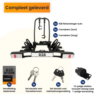 R2B Fietsendrager Auto - 2 (Elektrische) Fietsen - Inklapbaar én Kantelbaar - 60 KG Draagvermogen - 13 Polig - Fietsendrager electrische fietsen 2 - Fietsdrager voor op trekhaak - Bike Rack Car - Fietsenrek Auto