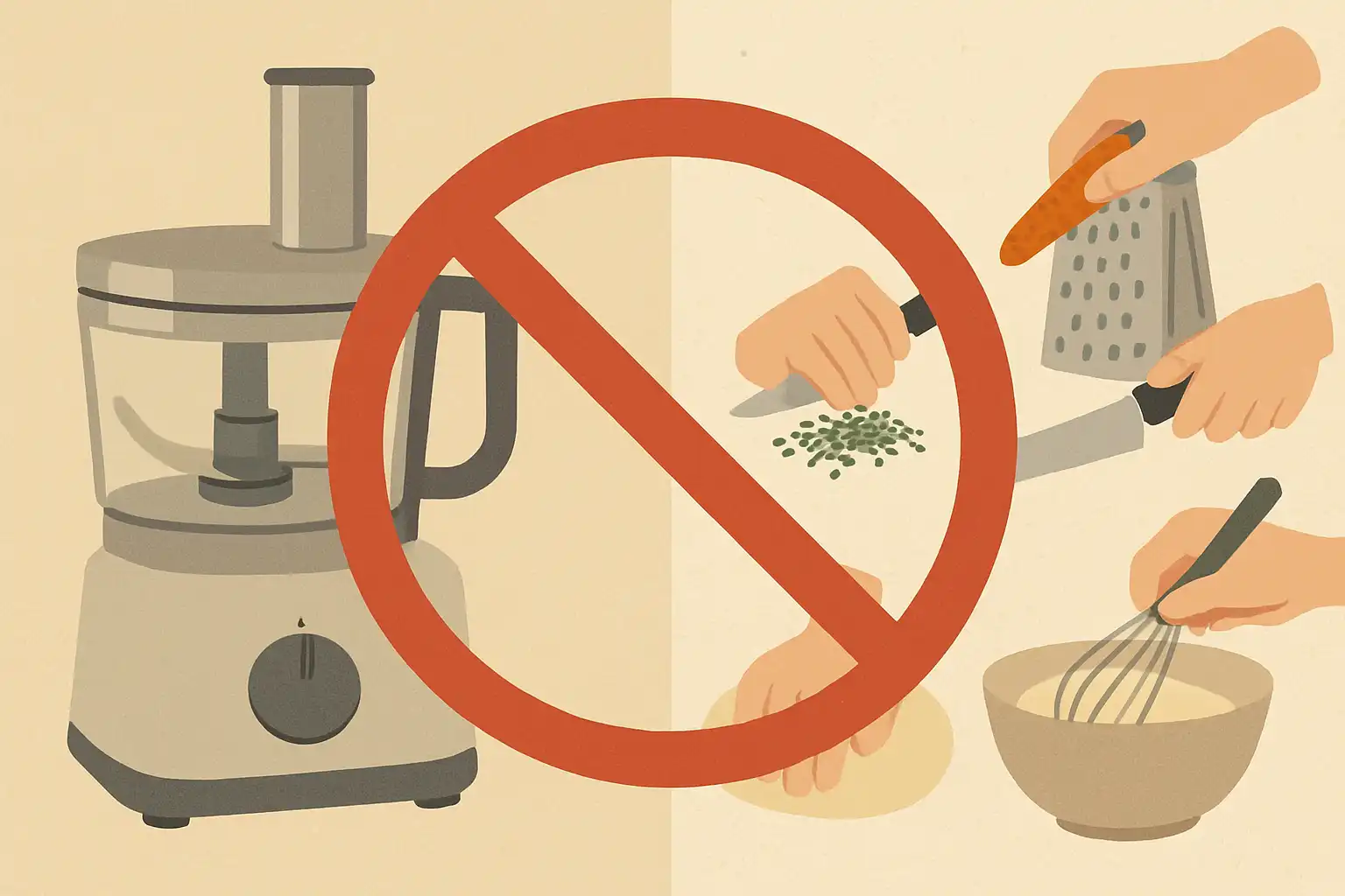Wanneer je je foodprocessor níet moet gebruiken: 5 klassieke technieken die je met de hand moet blijven doen