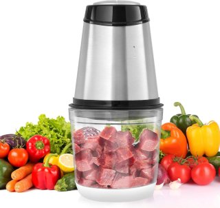 De elektrische keukenmachine vleesmolen 400 W, multifunctionele hakmolen, 600 ml vulcapaciteit, blender 3000 tpm + 4000 tpm, groentesnijder inclusief glazen kom & mes & schraper zilver in één oogopslag