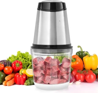 elektrische keukenmachine vleesmolen 400 W, multifunctionele hakmolen, 600 ml vulcapaciteit, blender 3000 tpm + 4000 tpm, groentesnijder inclusief glazen kom & mes & schraper zilver