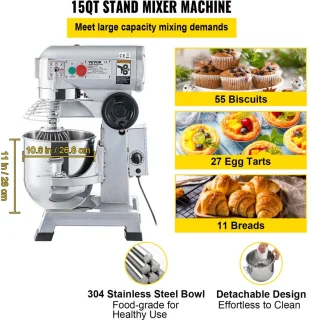 Keukenmachine, Commerciële Kneedmachine met 15Qt RVS Kom, 850W Zware Elektrische Keukenrobot met 3 Snelheden 113/184/341RPM, Deeghaak Klopklopper Inbegrepen, Staande Mixer voor Bakkerij Pizzeria