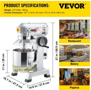 Keukenmachine, Commerciële Kneedmachine met 15Qt RVS Kom, 850W Zware Elektrische Keukenrobot met 3 Snelheden 113/184/341RPM, Deeghaak Klopklopper Inbegrepen, Staande Mixer voor Bakkerij Pizzeria