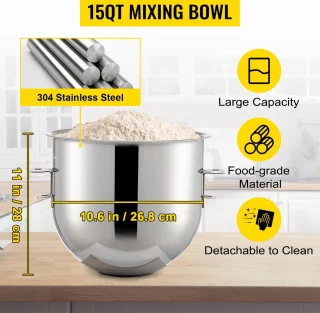Keukenmachine, Commerciële Kneedmachine met 15Qt RVS Kom, 850W Zware Elektrische Keukenrobot met 3 Snelheden 113/184/341RPM, Deeghaak Klopklopper Inbegrepen, Staande Mixer voor Bakkerij Pizzeria