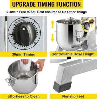 Keukenmachine, Commerciële Kneedmachine met 15Qt RVS Kom, 850W Zware Elektrische Keukenrobot met 3 Snelheden 113/184/341RPM, Deeghaak Klopklopper Inbegrepen, Staande Mixer voor Bakkerij Pizzeria