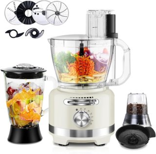 De 10-In-1 Elektrische Keukenmachine 1000 W Met Glazen Mixer Van 1 5 L En Kom Van 3 Liter Voor Snijden Hakken Raspen Mixen Pureren En Deeg 6 Voorinstellingen Voor Thuisgebruik Wit in één oogopslag