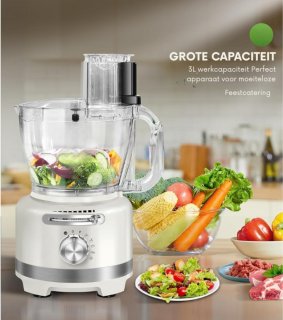 Wat vinden we goed aan de 10-In-1 Elektrische Keukenmachine 1000 W Met Glazen Mixer Van 1 5 L En Kom Van 3 Liter Voor Snijden Hakken Raspen Mixen Pureren En Deeg 6 Voorinstellingen Voor Thuisgebruik Wit