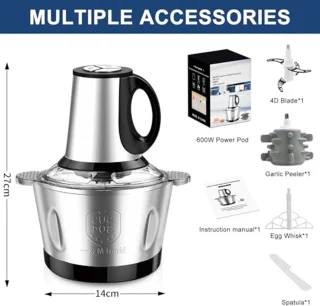 600 W Mini Food Chopper met 2 L RVS Kom - Drie Snelheden voor Keuken, Babyvoeding en Dierenvoeding