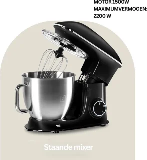 Deegmachine zwart-wit met deeghaak en garde 6 standen