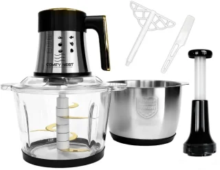 De Elektrische hakmolen 3-in-1 met foodprocessor en 2 kommen in één oogopslag
