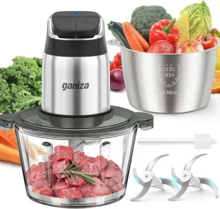 Foodprocessor en vleesmaler met glazen en roestvrijstalen kommen