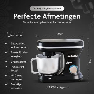 Selotus Keukenmixer 6L RVS met 3 opzetstukken Zwart