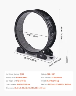 Loopwiel voor Katten met Stappenteller, 103,4 Cm, Loopwiel met Rem en Tapijtoppervlak, Stille Loopband voor Huiskatten tot 13,6 Kg, Fitnessapparaat voor de Gezondheid van Huisdieren, Zwart