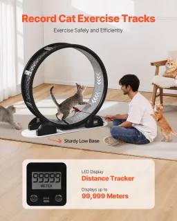 Loopwiel voor Katten met Stappenteller, 103,4 Cm, Loopwiel met Rem en Tapijtoppervlak, Stille Loopband voor Huiskatten tot 13,6 Kg, Fitnessapparaat voor de Gezondheid van Huisdieren, Zwart