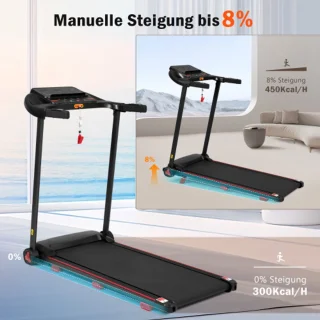 Loopband voor thuis, opvouwbare loopband met helling van 8%, stille loopbanden tot 14 km/u met groot loopoppervlak, 3,0 HP loopband voor thuis met LED-display en Bluetooth, maximaal draagvermogen 120 kg