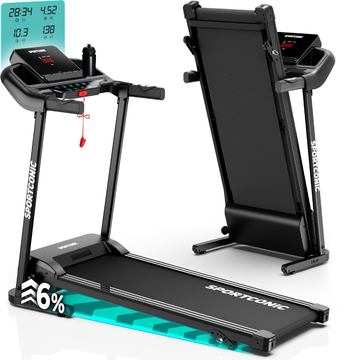 De Sportconic Loopband 1-12 km/u Inklapbaar met LED-display en Hartslagmeter in één oogopslag