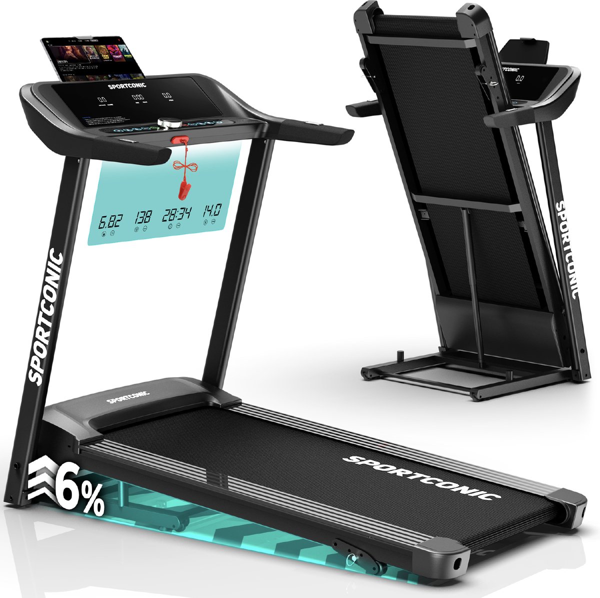 De Sportconic Loopband 1-14 km/u Inklapbaar met Hellingfunctie en Tablethouder in één oogopslag