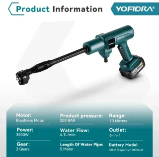 Yofrida - Hogedrukreiniger Accu - Hogedrukreiniger Accu - Draadloos - 200bar - 3500W - Inclusief Accu (Makita 18V Batterij Pin)