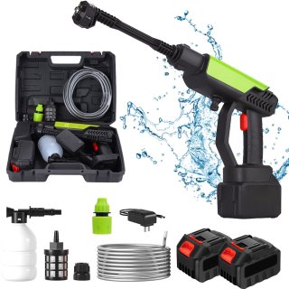 De Draadloze Hogedrukreiniger 45BAR - Met 2x 1500mAh Accu's & 6-in-1 Multifunctionele Mondstuk - 5M Slang met Filter - Krachtige 22000 RPM Motor - Voor Auto, Terras, Tuin, Hek & Zwembad - Inclusief Schuimlans en Draagtas in één oogopslag