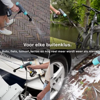 Achaté Draadloze Hogedrukreiniger – 21V Accu Hogedrukspuit – Auto & Terrasreiniger – 200W Motor – 6-in-1 Spuitkop – 7m Slang – 40 Min Gebruik – Opbergkoffer
