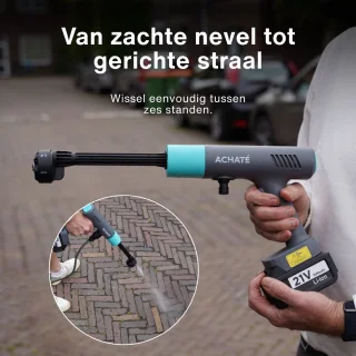 Achaté Draadloze Hogedrukreiniger – 21V Accu Hogedrukspuit – Auto & Terrasreiniger – 200W Motor – 6-in-1 Spuitkop – 7m Slang – 40 Min Gebruik – Opbergkoffer